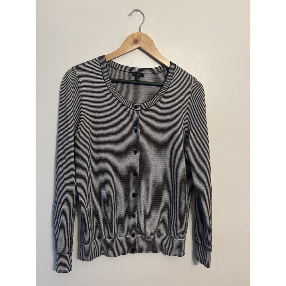 Talbots Women's Metallic Sparkle Black Striped Cardigan Sweater Size Large